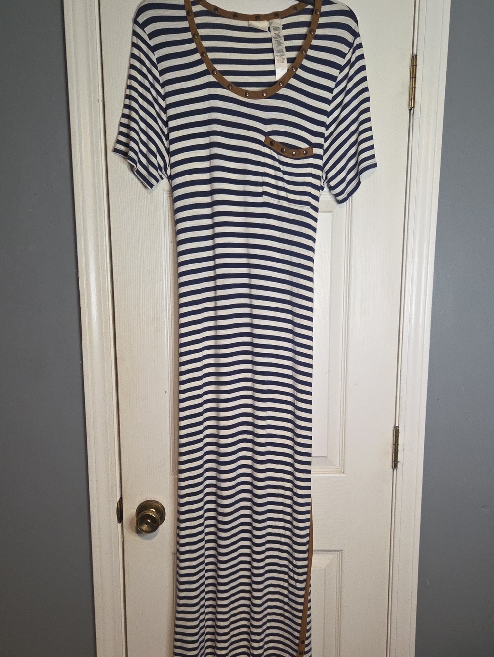 Chico's Navy and White Striped Maxi Dress with Brown Trim